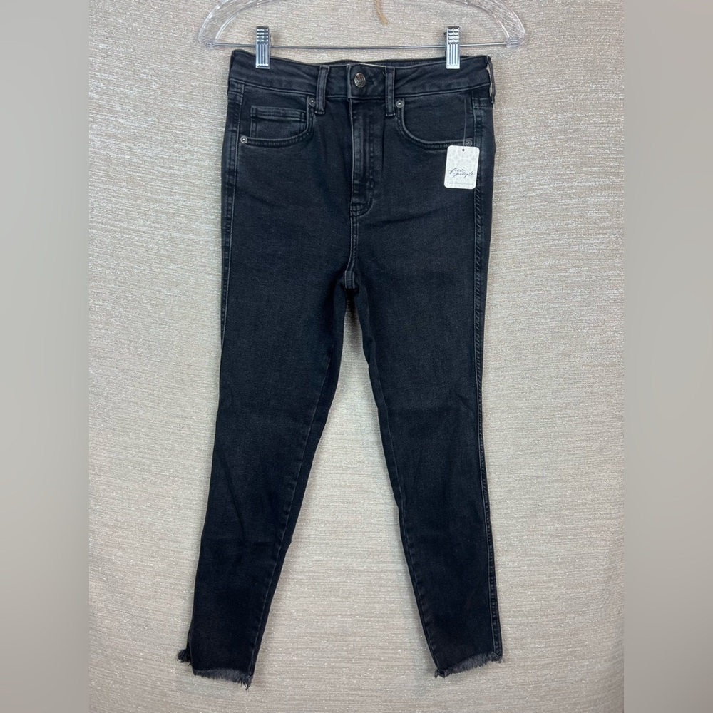 Free People Size 28 High Rise Washed Black Fringe Raw Hem Ankle Denim Jeans